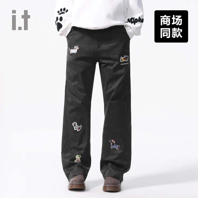 I.T潮牌CHOCOOLATE美式街头嘻哈微喇长裤女黑色动物章仔休闲裤男
