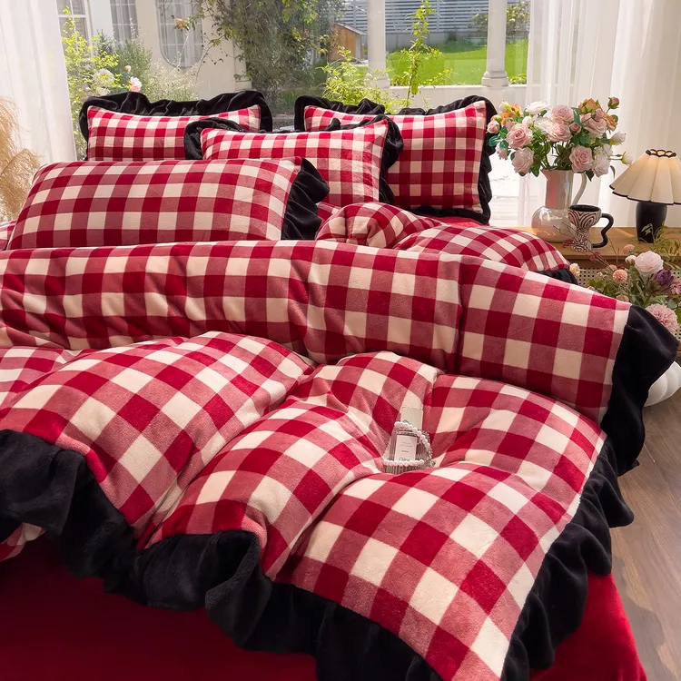 与眠加厚双面牛奶绒防静电加绒床品套件以上格子韩版简约四件套商品图