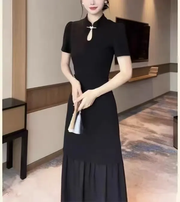 561-C-简约纯色显瘦遮肉新中式大码女装鱼尾连衣裙