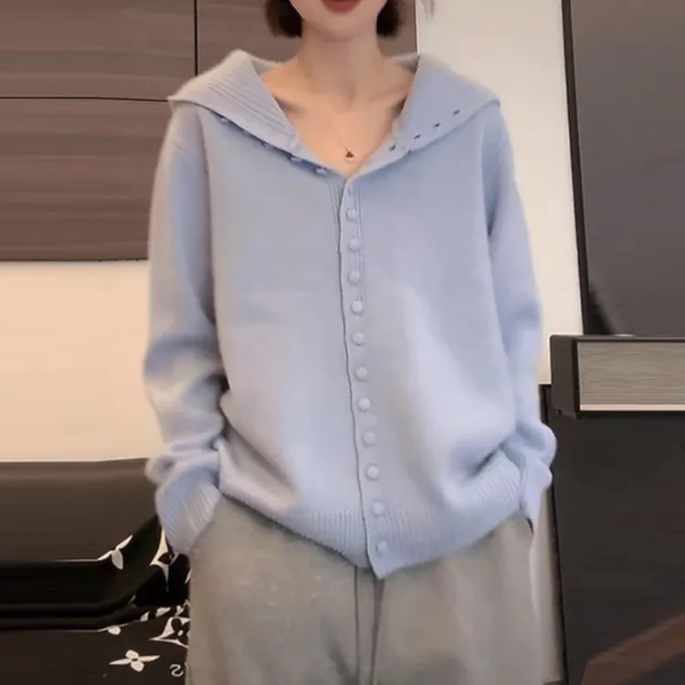 韩系新款连帽毛衣女早春季慵懒风软糯宽松洋气针织开衫外穿上衣潮