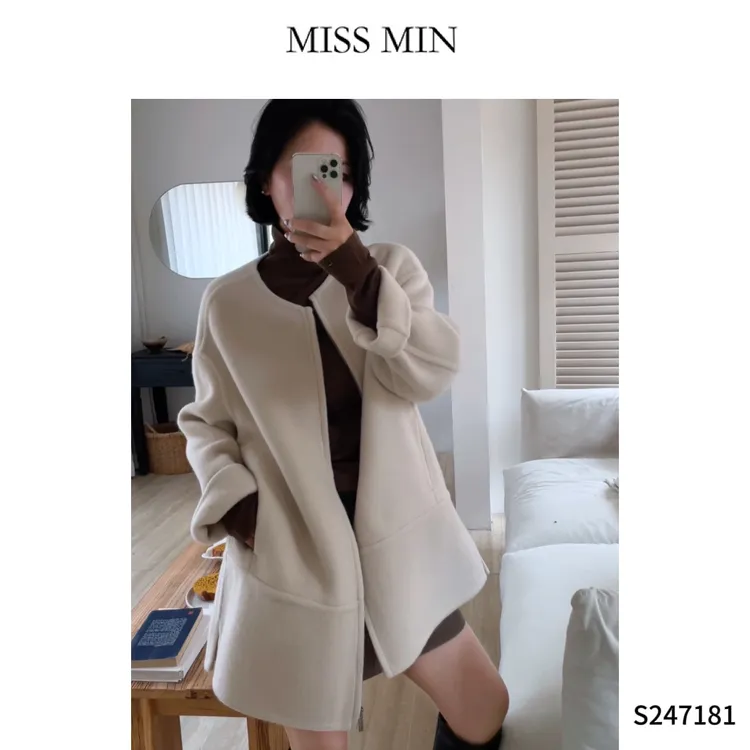 MISS MIN【情诗】慵懒风毛呢圆领大衣衣服宽松显瘦气质外套 S247181