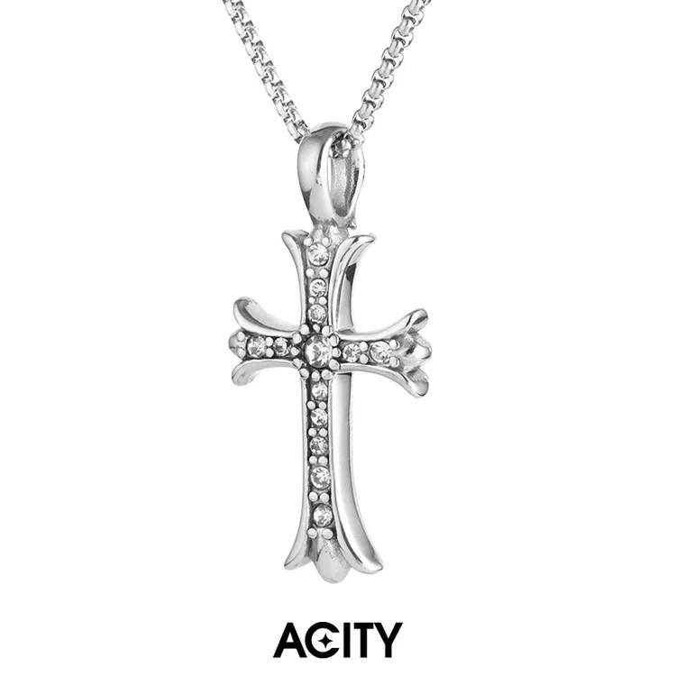 ACITY 钛钢项链 喜城哥特风镶钻十字架项链男女高级感吊坠毛衣链