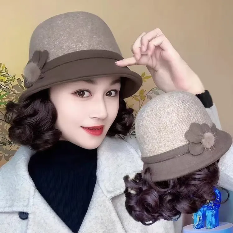 时尚外翻卷短卷发全头套秋冬保暖加厚毛呢渔夫帽一体式假发