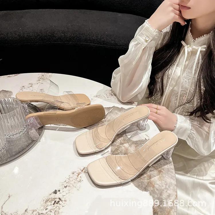 方头水晶粗跟露趾凉拖鞋2025夏季时尚百搭配裙子高跟鞋女