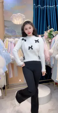 法式蝴蝶结毛衣女春秋水貂绒气质高腰加厚加绒微喇裤套装小个子