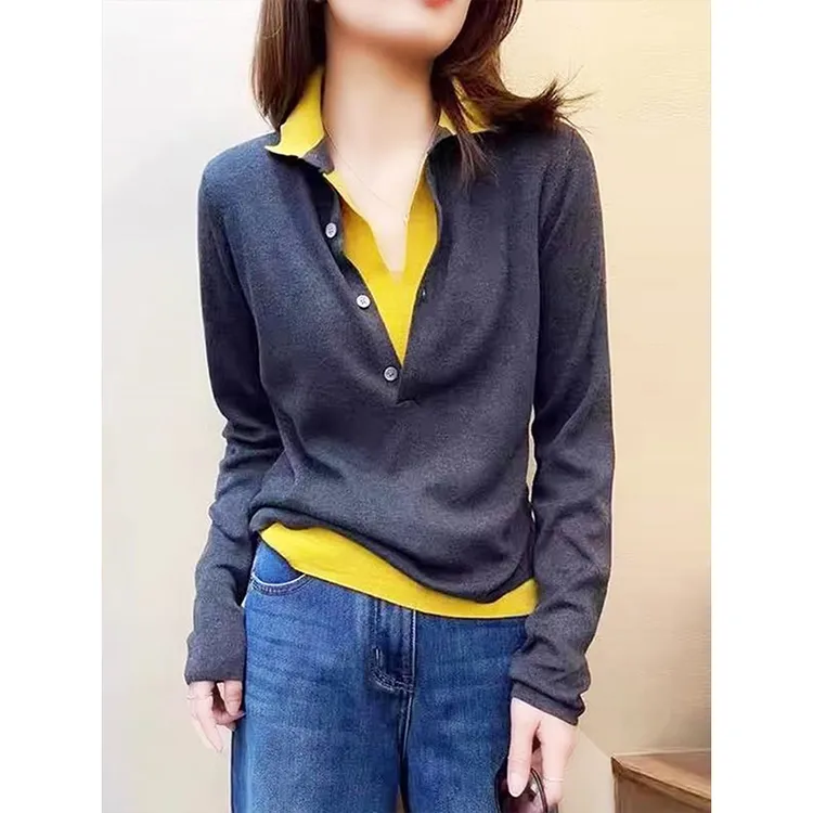 jzat大码设计感撞色假两件翻领针织衫女秋季新款胖mm宽松百搭上衣