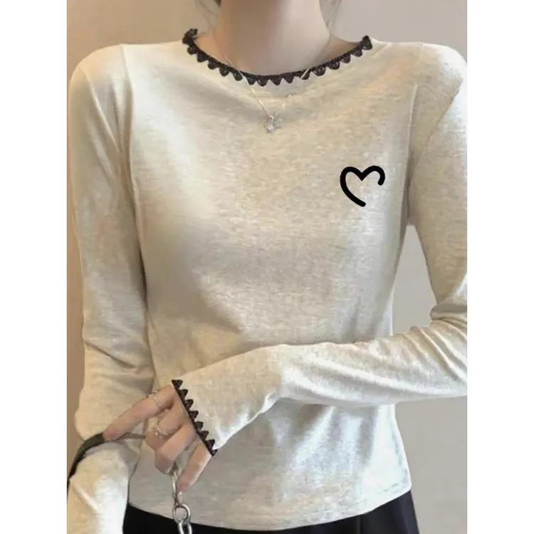 小众设计内搭2025早秋新款显瘦撞色圆领纯棉长袖百搭打底衫上衣女