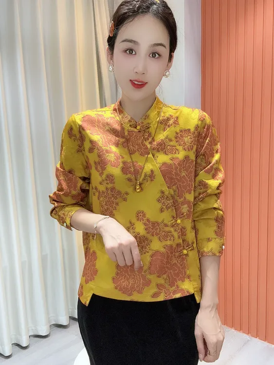 秋装新款气质休闲洋气百搭国风新中式长袖修身上衣打底衫女746