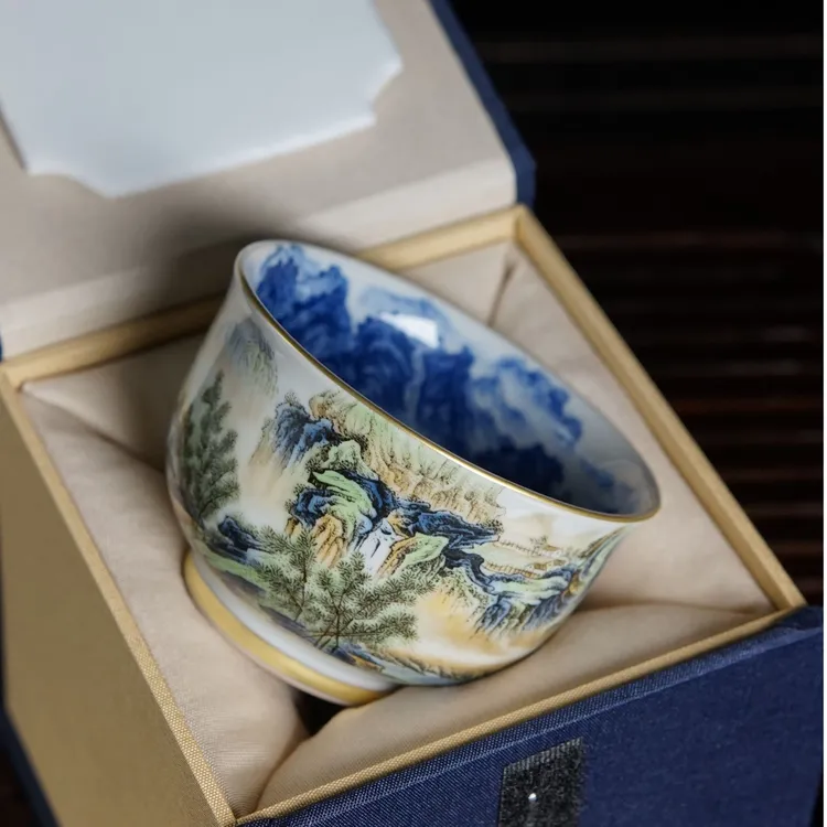 景德镇珐琅彩富春山居主人杯功夫茶具品茗杯青花山水茶杯单杯大号