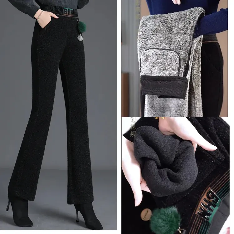 梦思雨2025秋冬季女士新款加绒加厚时尚喇叭裤显瘦高腰微喇裤长裤