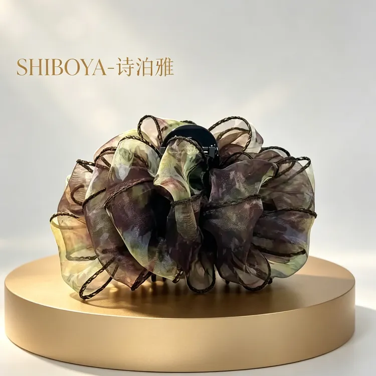 诗泊雅·高定法式油画风印花雪纺抓夹轻奢荷叶边纱质温婉鲨鱼夹