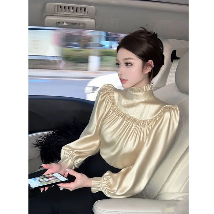 名媛风高领荷叶边缎面衬衫女秋冬2025新款设计感洋气减龄衬衣上衣