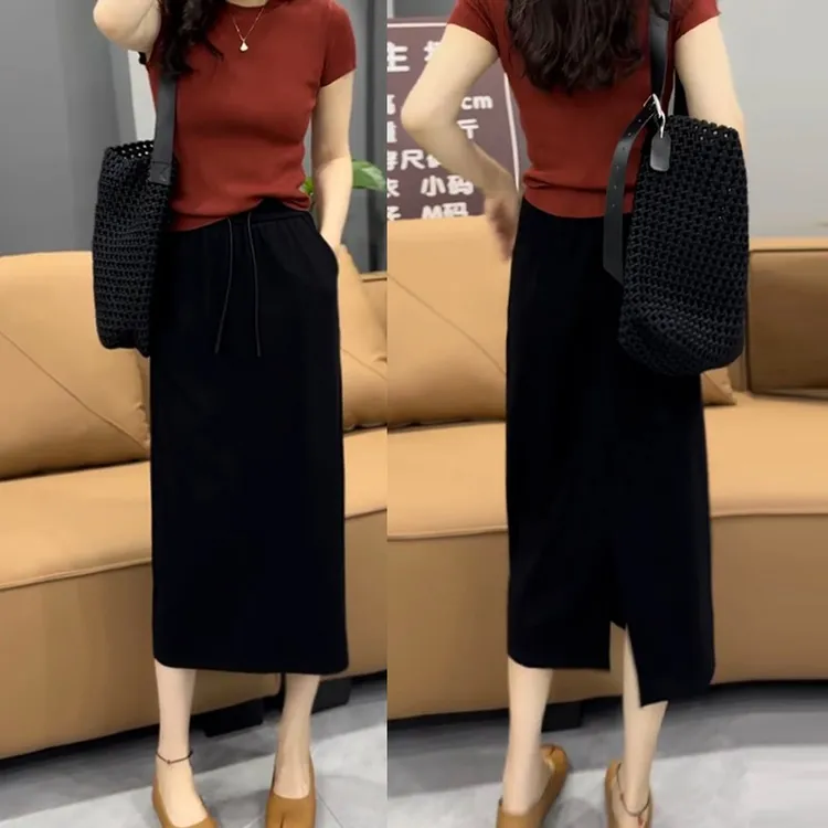 显瘦高级感半身裙黑色松紧腰弹力舒适柔软垂感新款大码胖妹妹遮肉