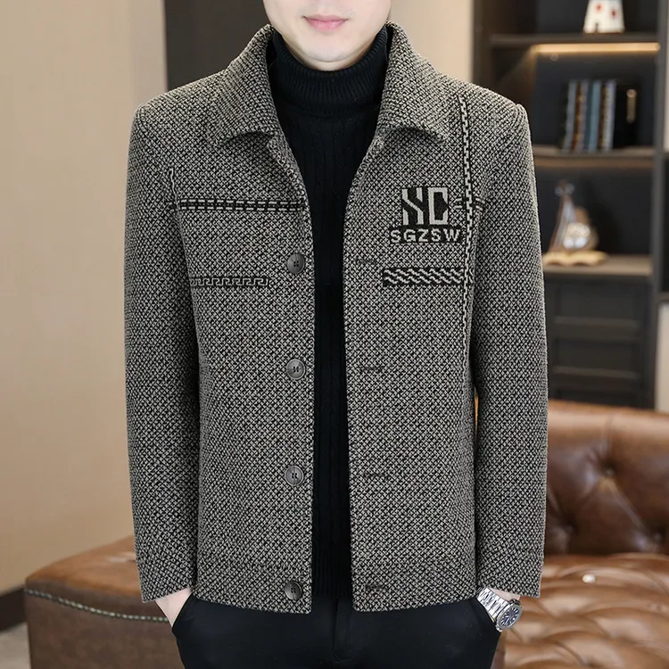 男士冬季新款高档毛呢大衣翻领短款加绒呢子外套休闲修身加厚夹克