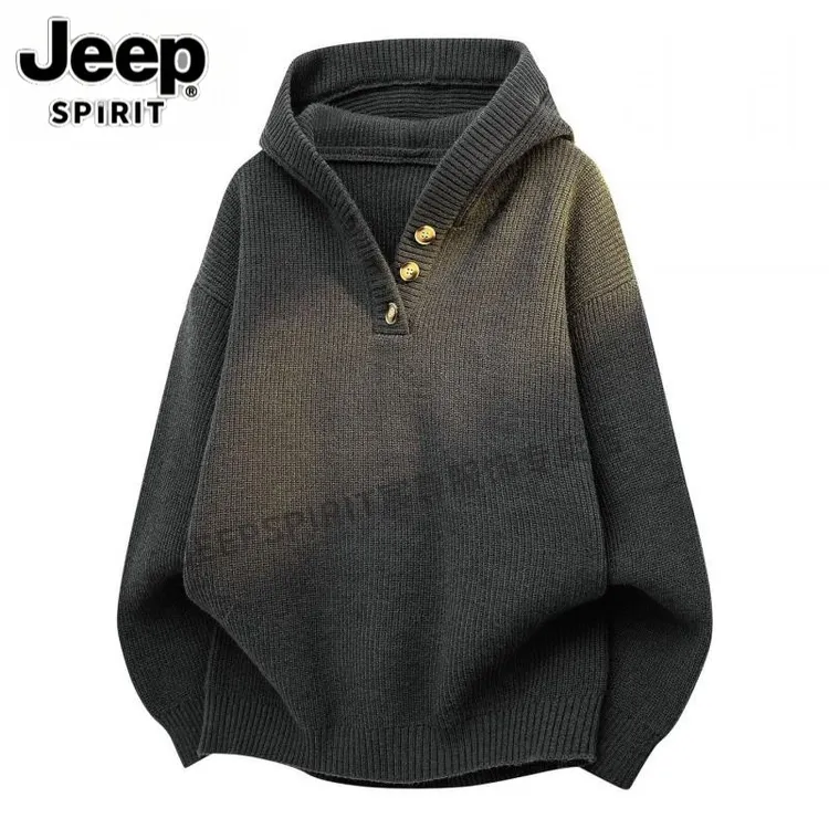 Jeep吉普美式复古亨利领连帽针织衫男士秋季宽松高端时尚百搭毛衣