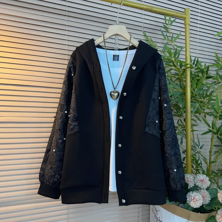 1633胖妹妹时尚休闲百搭款纯色V领连帽拼接款订钻设计感显瘦外套