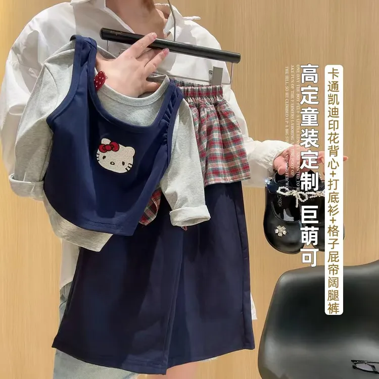 女童秋季新款时尚百搭休闲韩版时髦吊带打底长袖真两件阔腿裤套装