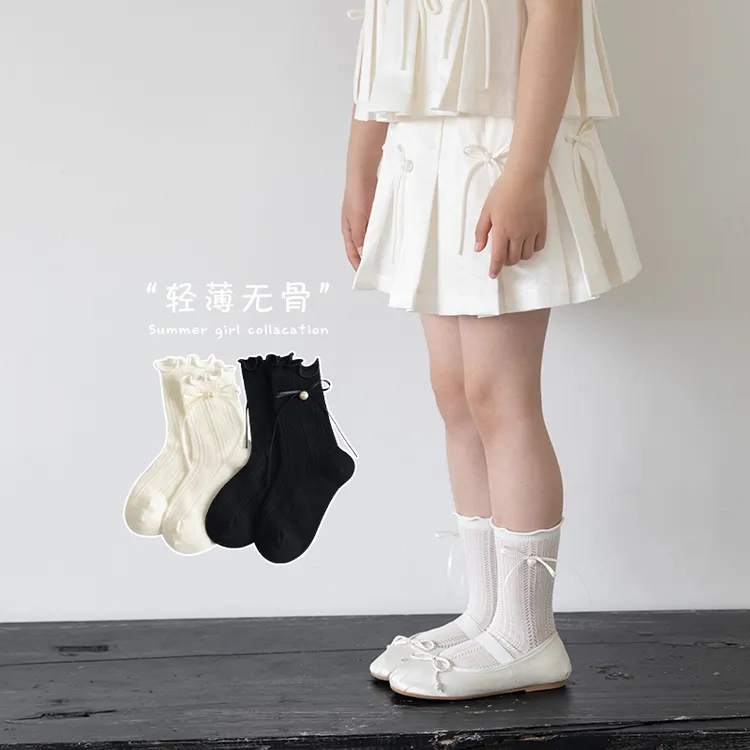 女童中筒袜夏季薄款棉袜儿童无骨网眼袜韩系甜美女宝宝花边公主袜