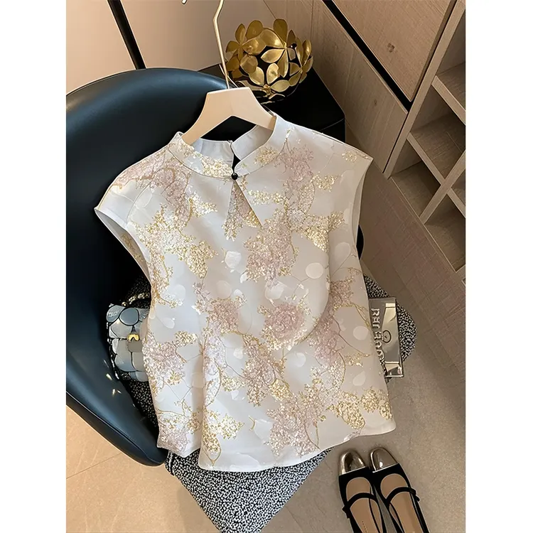 新中式禅意国风无袖衬衫盘扣刺绣提花短袖t恤减龄别致背心上衣女