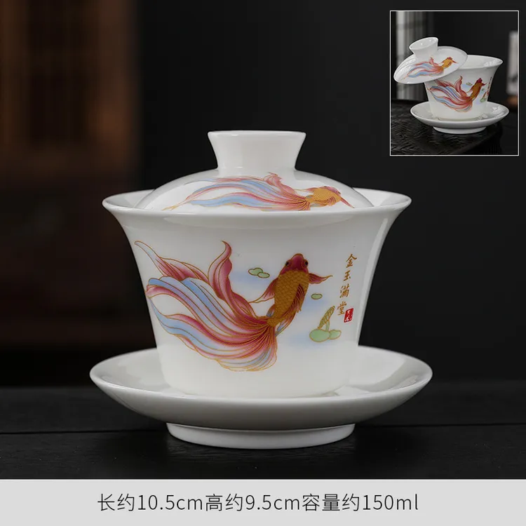 可悬停旋转盖碗茶杯茶具单个高档羊脂玉三才带盖子茶碗泡茶手抓壶