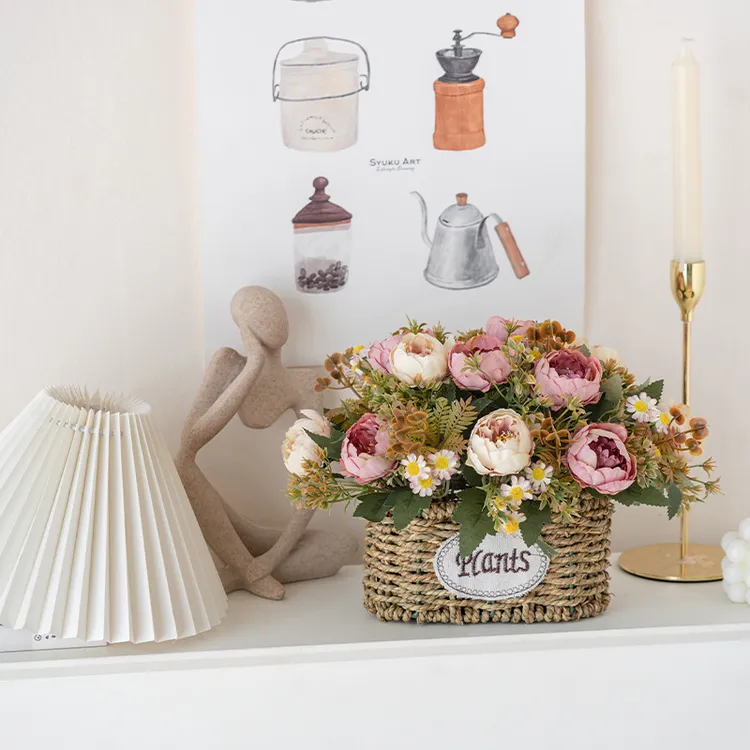 假花插花玫瑰花仿真花客厅草编仿真盆栽人造花花篮摆件装饰花
