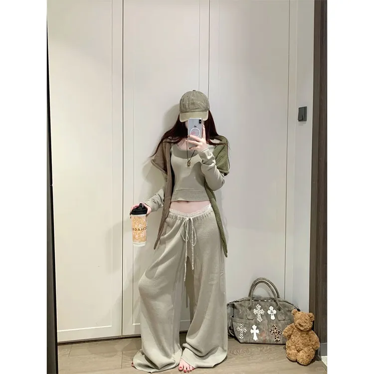 秋季小众设计感慵懒风显瘦上衣薄款修身披肩休闲简约时尚长裤套装