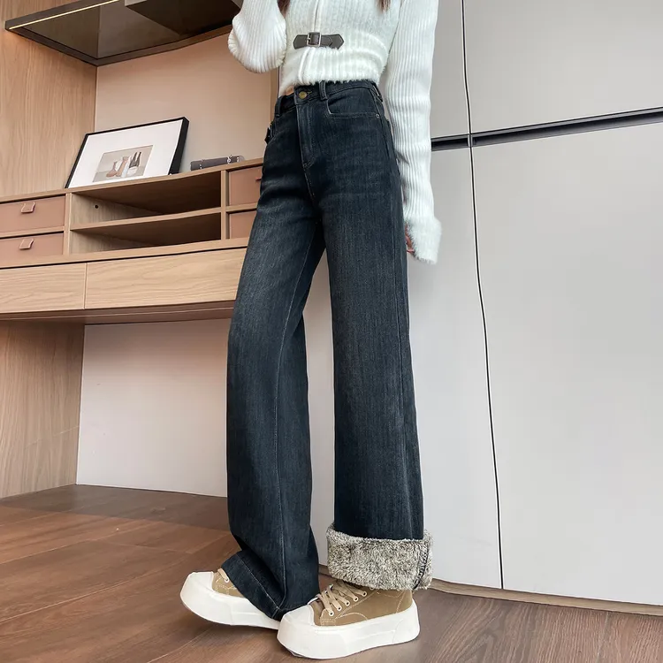特厚羊羔绒不贴腿微喇叭牛仔裤女冬季加绒加厚高腰宽松直筒阔腿裤