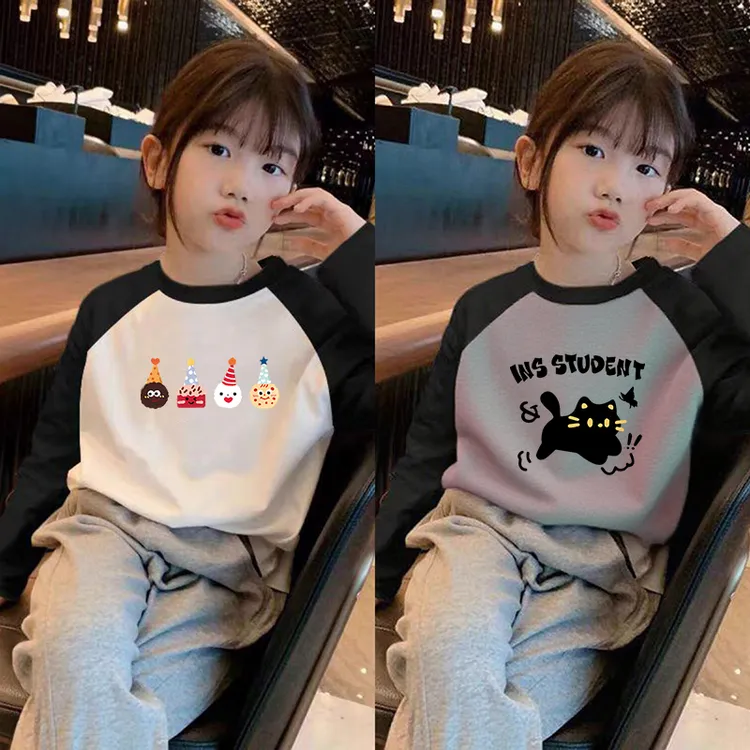 女童秋装长袖T恤2025新款儿童洋气女孩上衣春秋装卡通拼色打底衫