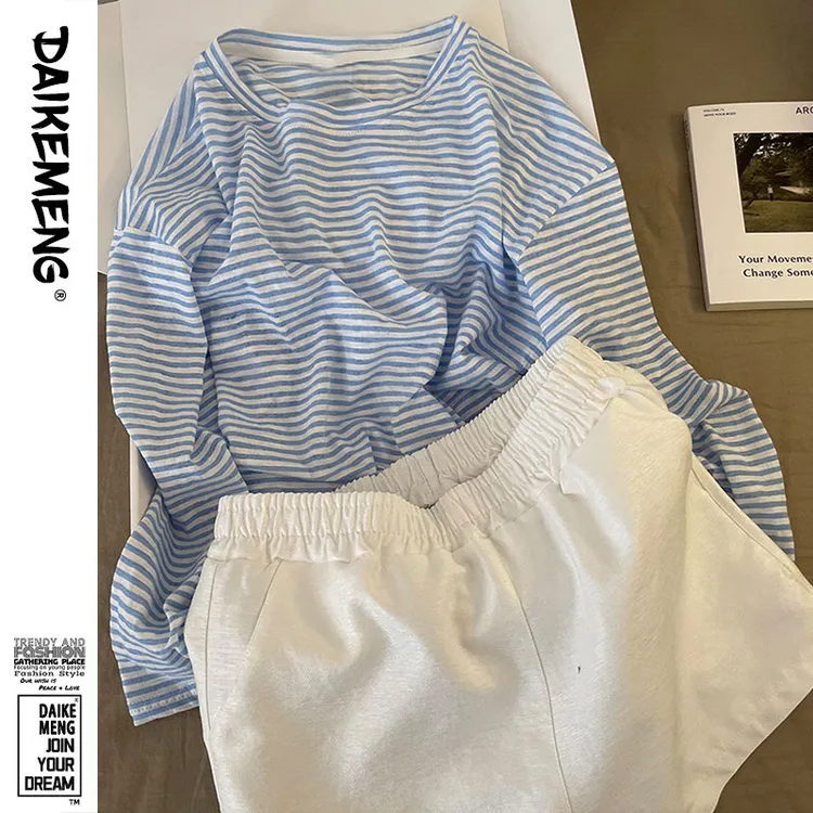 【蓝条】显瘦运动风夏季新款长袖短裤睡衣套装女韩版休闲百搭家居服