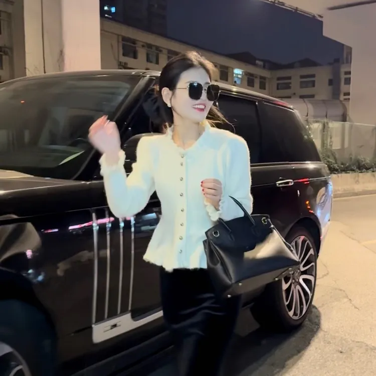 2025秋冬法式立领木耳边软糯厚实泡泡袖收腰下摆波浪短针织衫