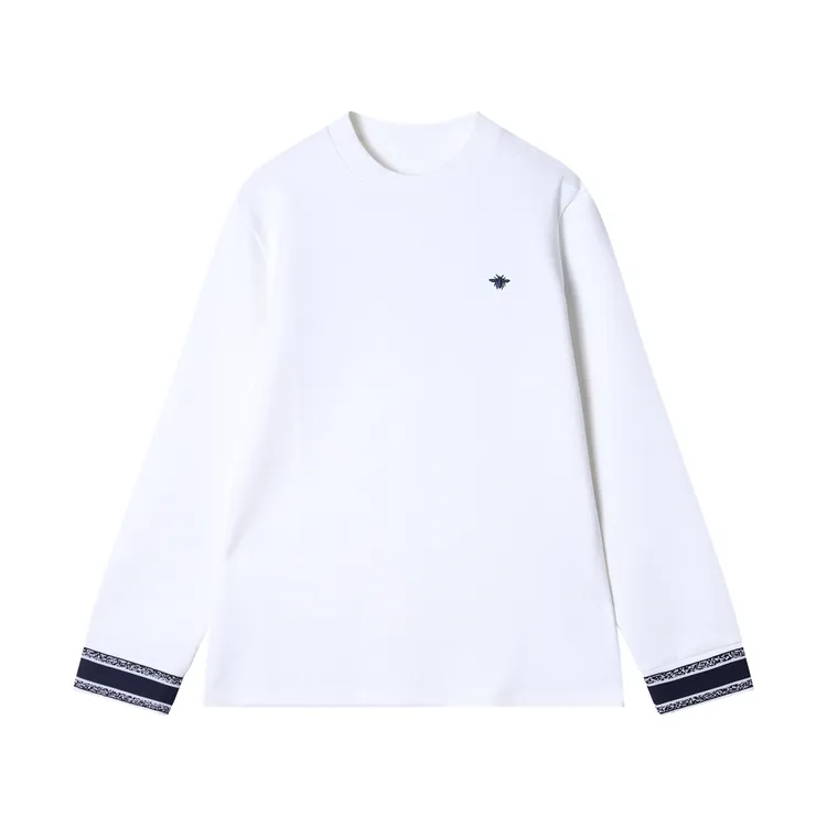 T2138早春时尚个性高街双边袖织刺绣蜜蜂圆领长袖T恤百搭情侣上衣