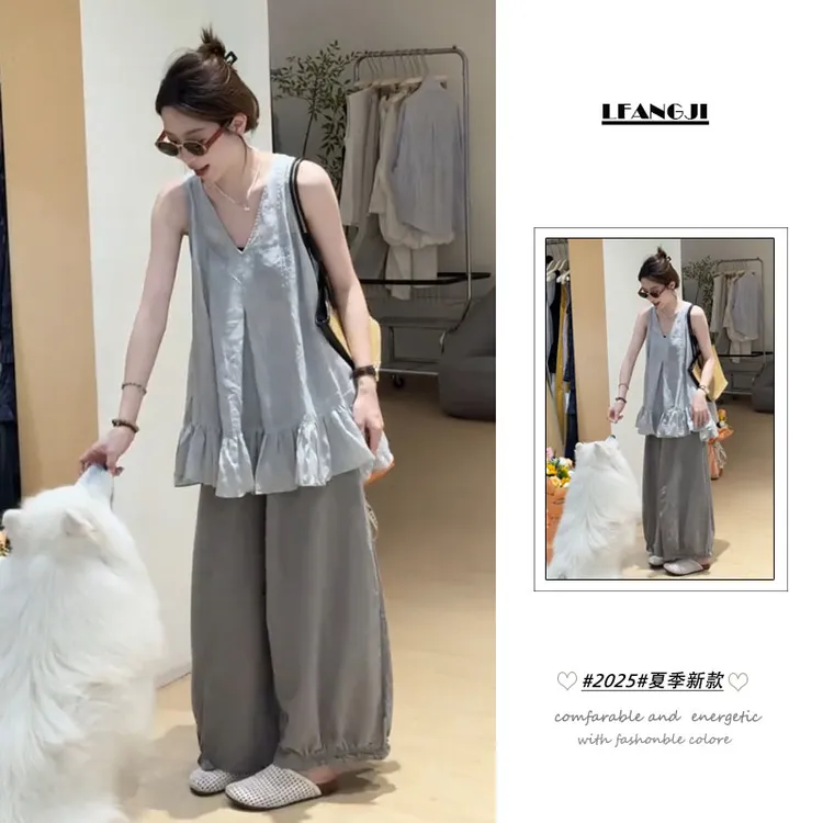 夏季套装女穿搭一整套2025新款韩版复古无袖背心上衣休闲裤两件套