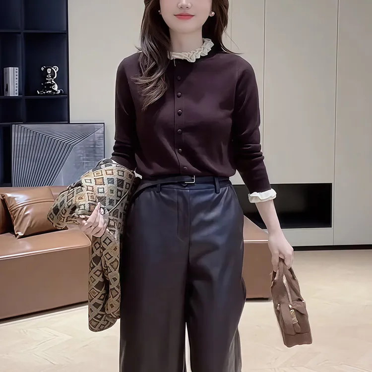 设计感秋季长袖花边针织开衫2025年新款单排扣女装休闲风慵懒上衣