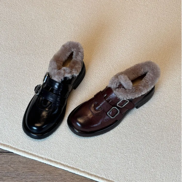 厚底雪地靴增高女今年冬季加绒棉鞋棕色保暖毛毛鞋复古乐福小皮鞋