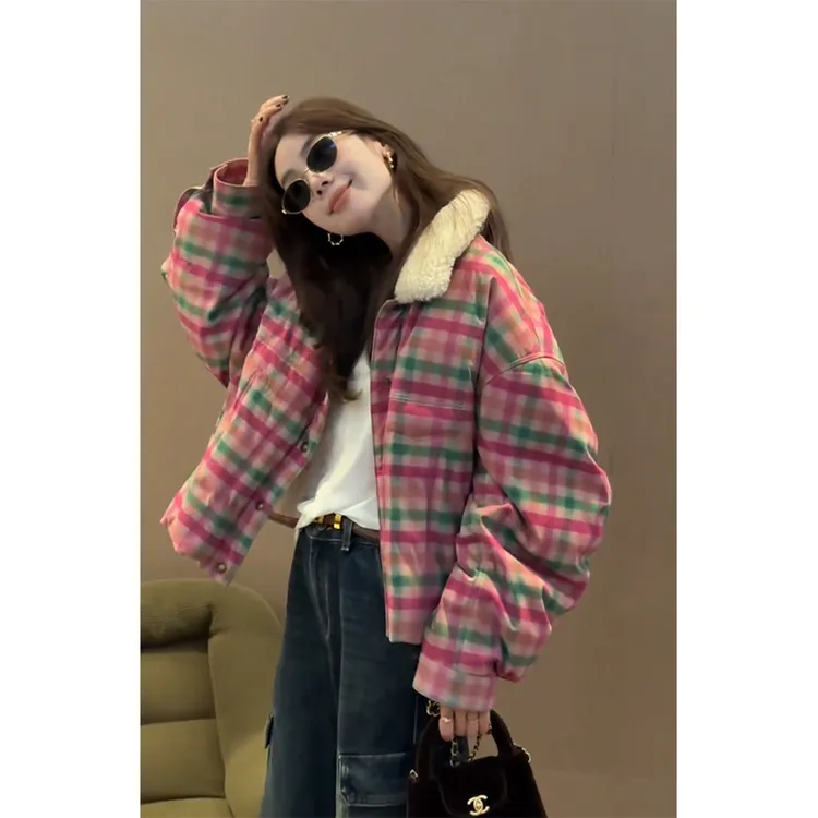 【现货】韩版复古风设计格纹毛领棉服女2025秋季新款短款保暖外套