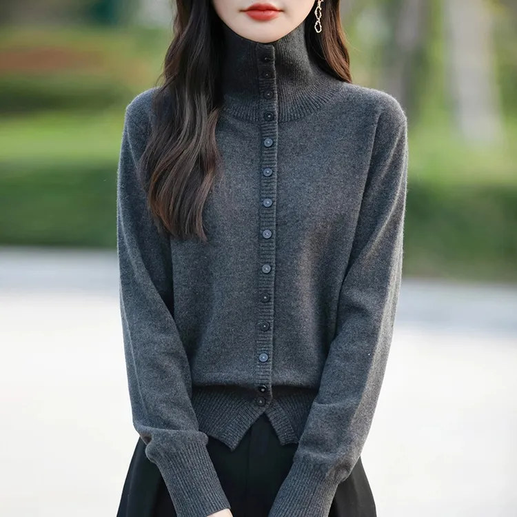 恒源祥集团正品秋冬新款时尚高级百搭高领单排扣毛针织开衫女毛衣