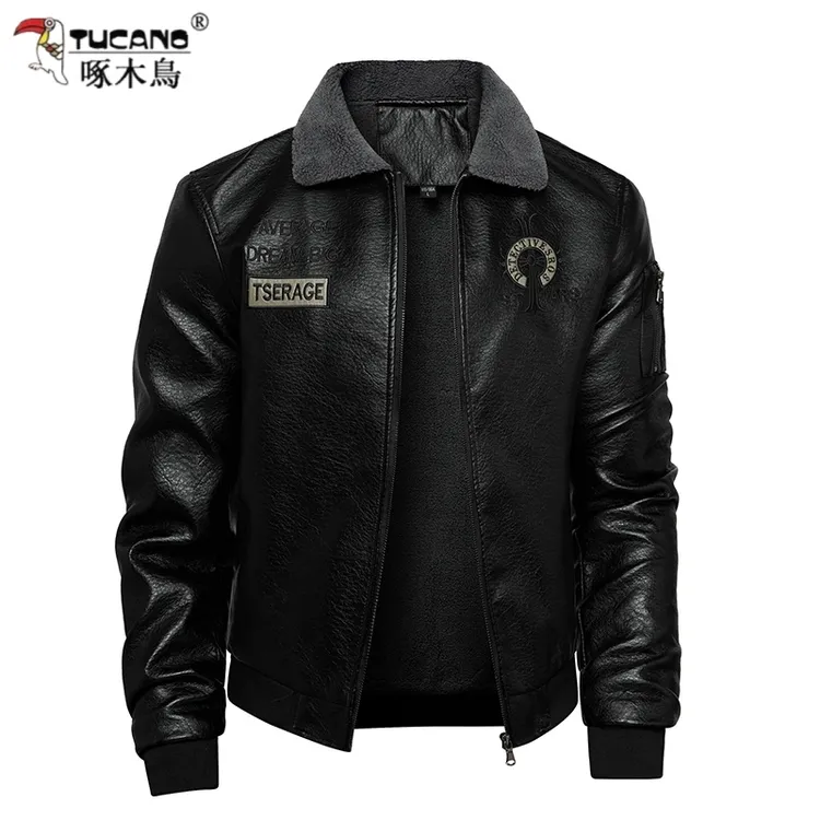 啄木鸟2025新款皮衣翻领外套男潮流韩版刺绣印花帅气机车皮夹克