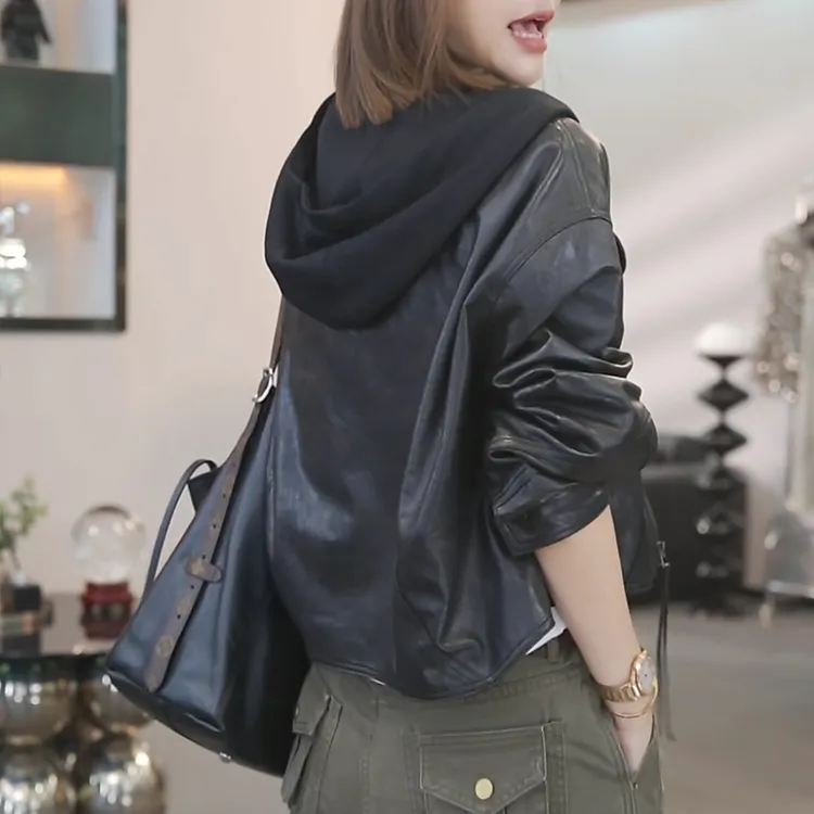 欧货时尚机车服短外套女2025年早秋新款连帽拼接设计感皮衣夹克