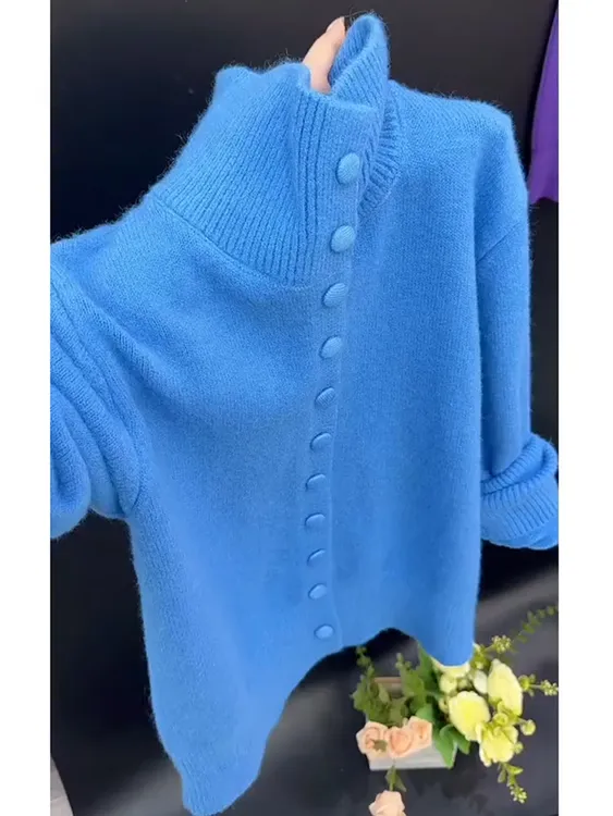 韩系时尚单排扣针织开衫女2025年秋冬季新款小众立领长袖毛衣外套