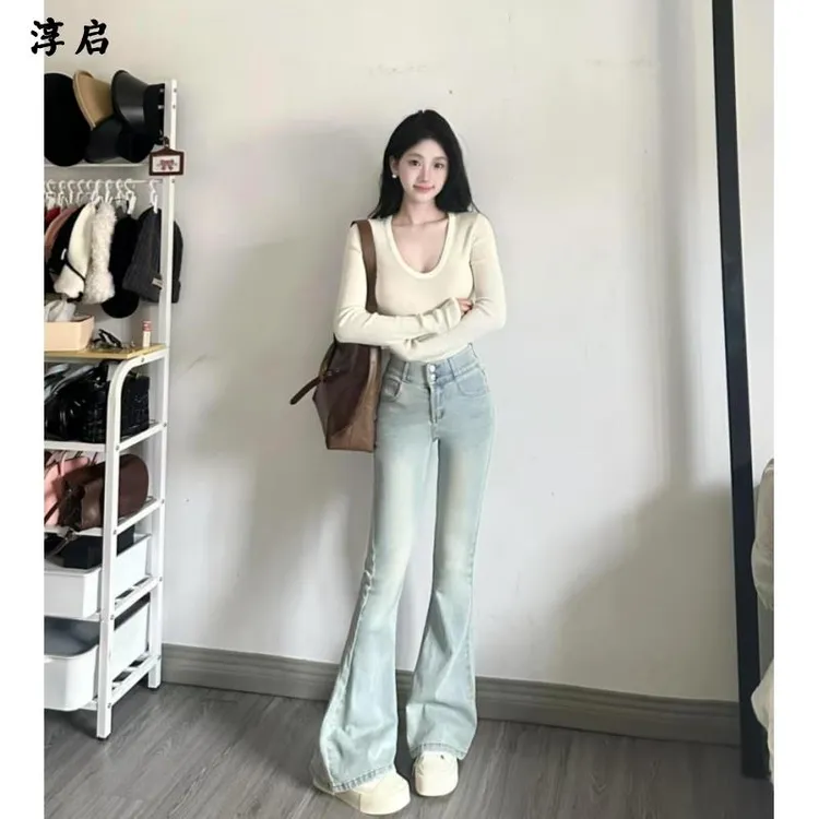 淳启时尚美式复古微喇牛仔裤女高腰修身显瘦喇叭裤马蹄拖地长裤子