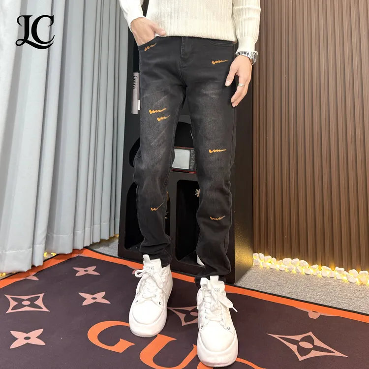 秋季爆款黑色波纹印花牛仔裤男修身潮流百搭高端痞帅时尚牛仔长裤