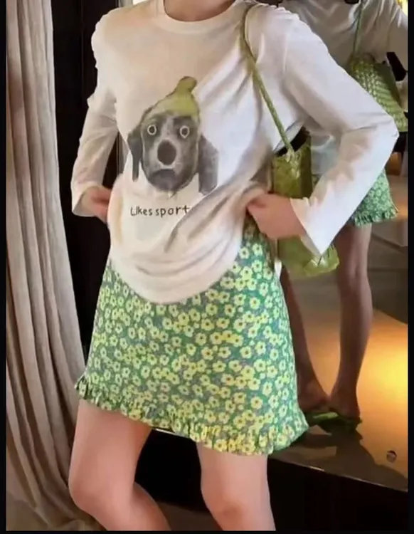 Mz-夏季韩版ins风卡通印花时尚休闲透气防晒长袖T恤+碎花半身裙