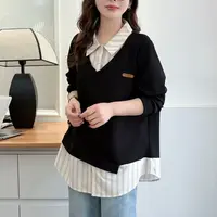 大码女装胖mm显瘦假两件长袖卫衣条纹衬衫拼接小衫602