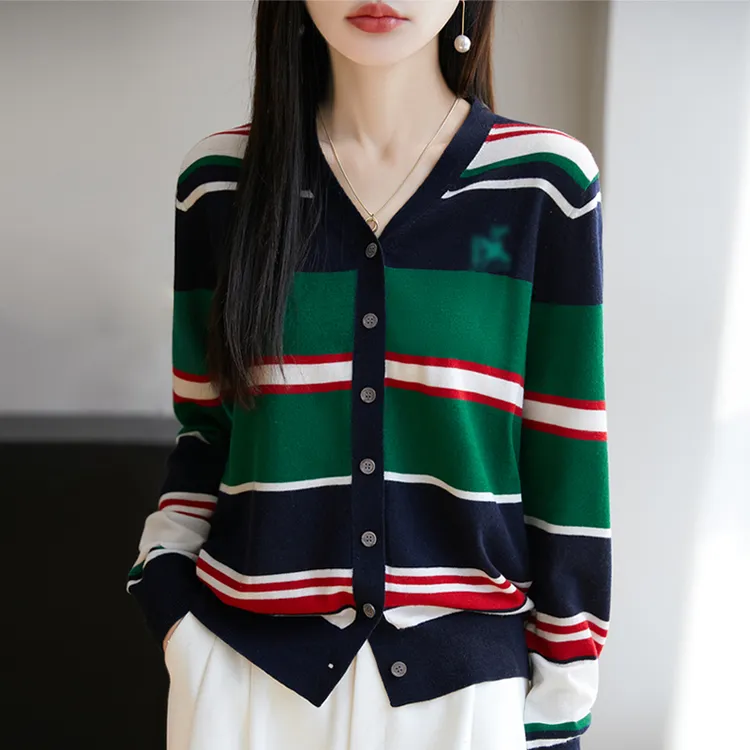 正品哥弟新品25年女秋季V领羊毛拼色开衫 毛衣冬内搭欧货条纹上衣