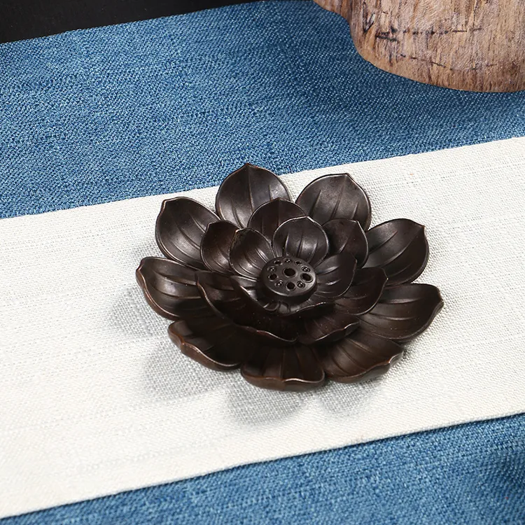 铜小香炉仿古莲花香盘供佛禅意香插摆件小金鱼香插