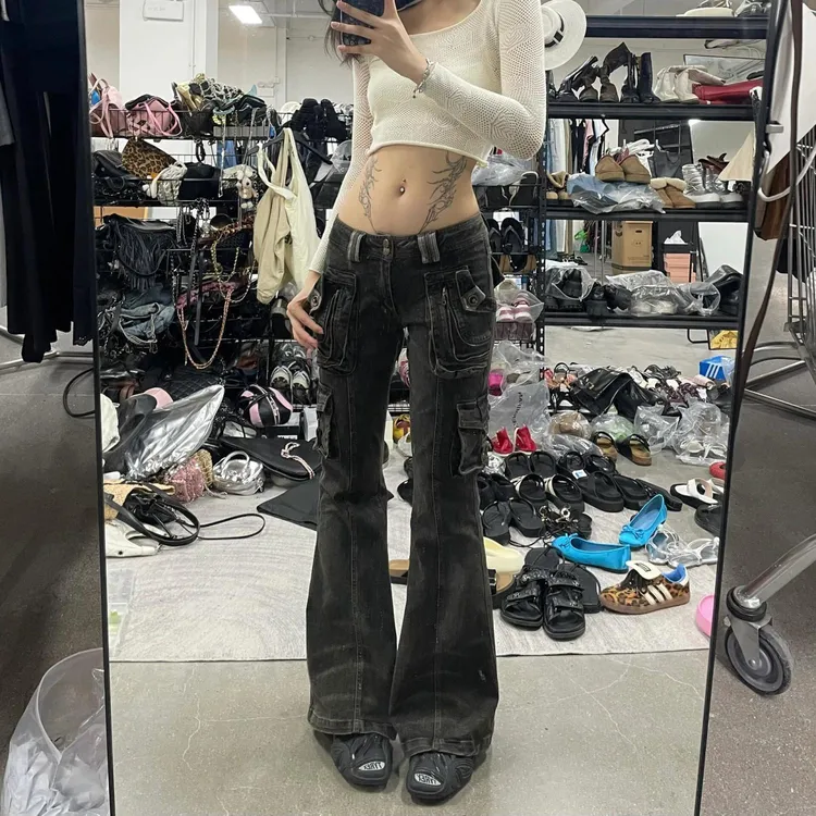 欧美式y2k千禧风朋克低腰工装牛仔裤女2025春设计感亚文化微喇裤