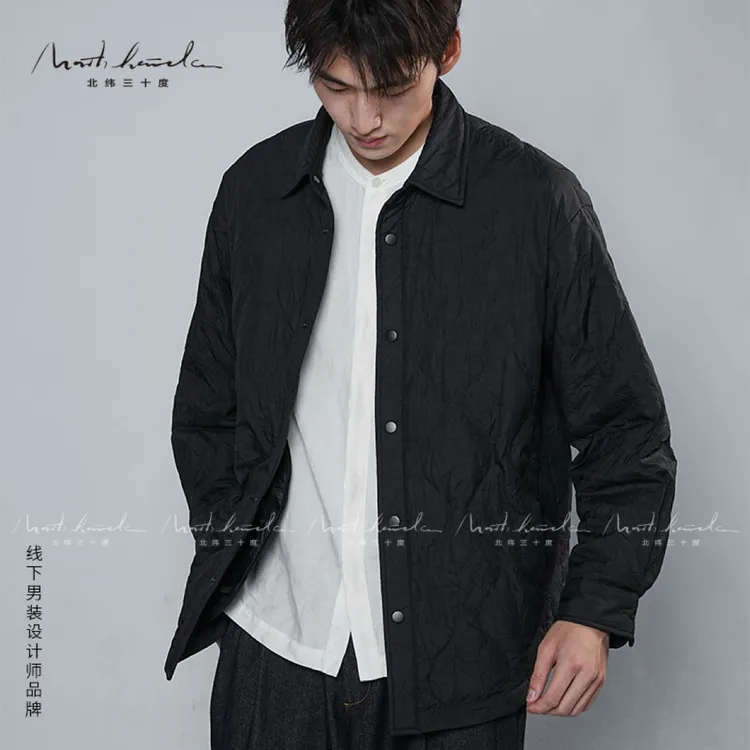 北纬三十度男士褶皱衬衫方领羽绒服冬季新品轻薄型羽绒服休闲时尚