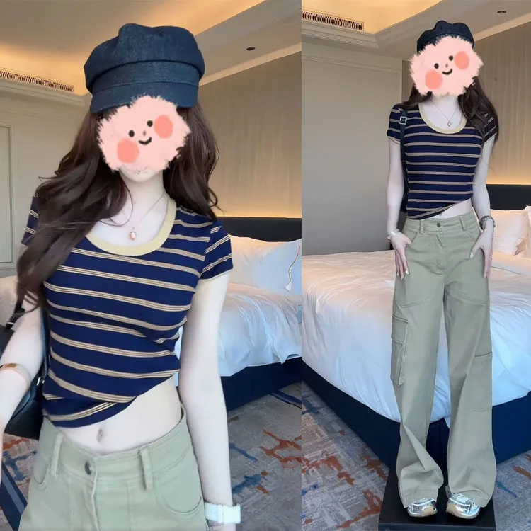 夏季收腰显瘦条纹短袖T恤上衣百搭休闲工装裤气质套装洋气衣服女