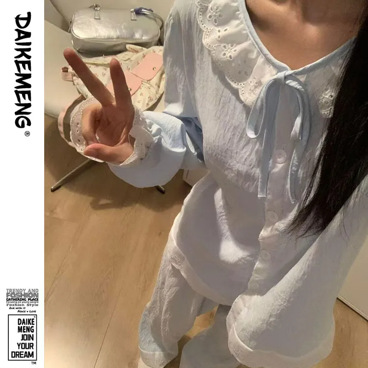少女公主风睡衣圆领开衫春秋新款长袖长裤高颜值可外穿家居服套装
