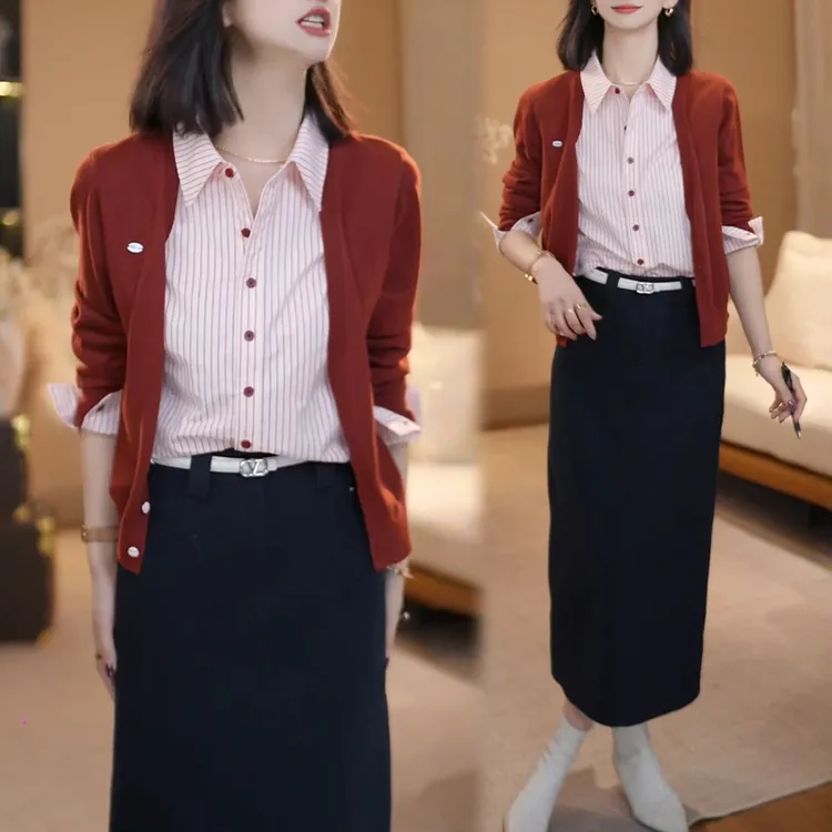 纯欲慵懒风气质套装女2025春秋新款假两件长袖针织衫半身裙两件套